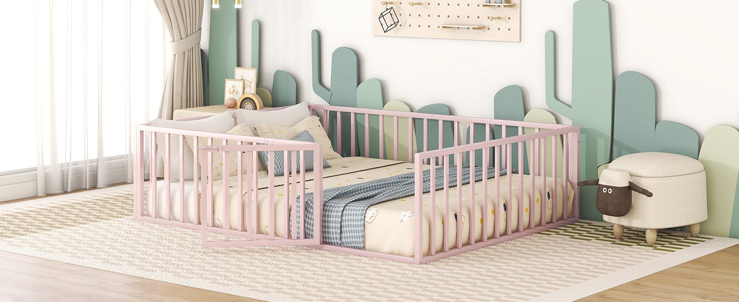 Queen Size Floor Bed Frame With Fence And Door - Pink - Image 14