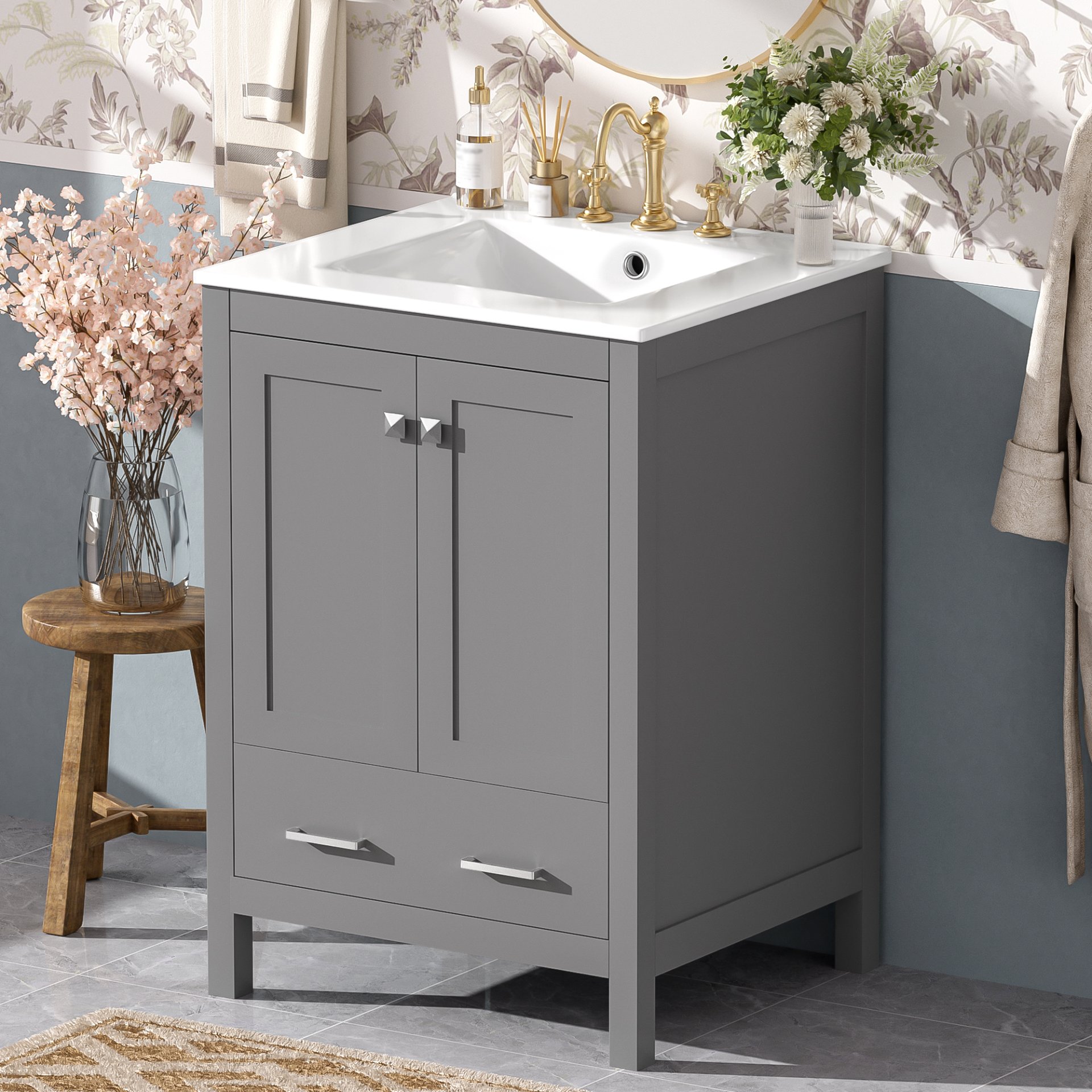 24" Bathroom Vanity With Integrated Undermount Sink, 2 Doors 1 Drawer, Soft Close Hinges, - Gray - Image 4