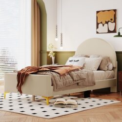 Twin Size Upholstered Platform Bed With Classic Semi-Circle Shaped Headboard And Mental Legs - Beige
