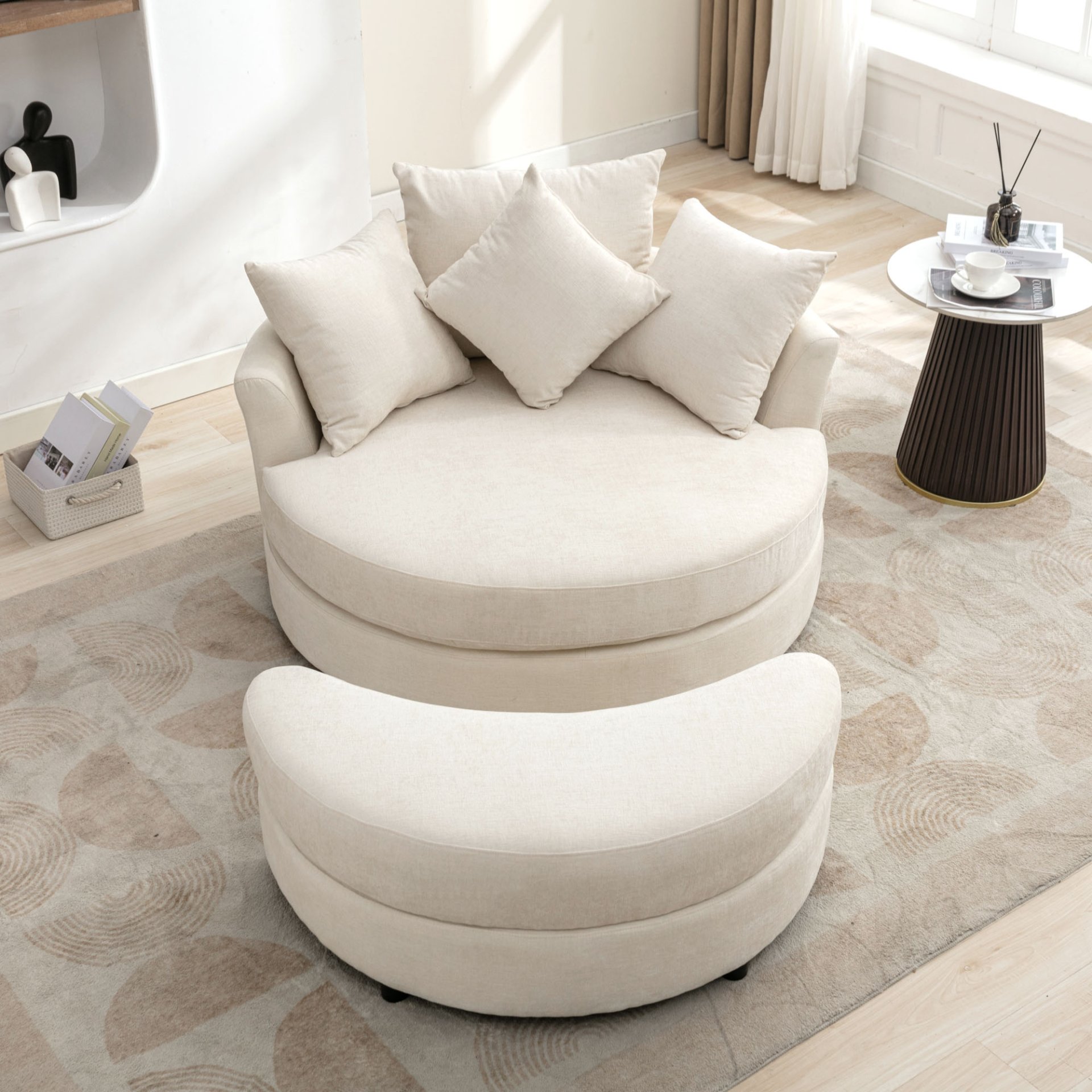 360° Swivel Accent Barrel Chair With Storage Ottoman & 4 Pillows, Modern Chenille Leisure Chair Round Accent For Living Room - Cream - Image 22