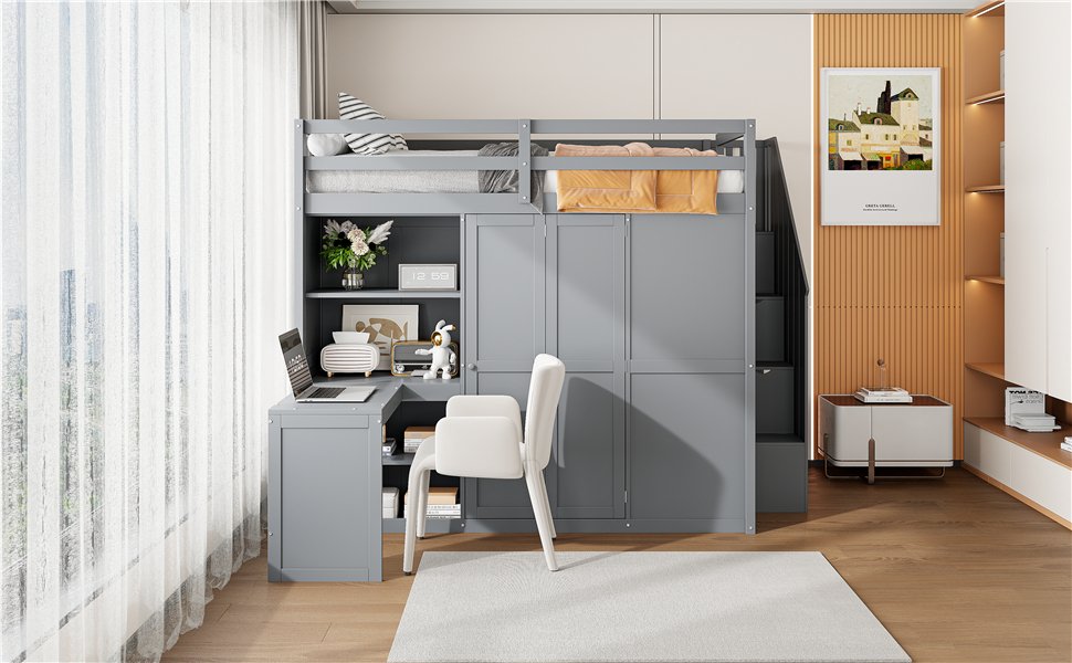Full Size Loft Bed With Wardrobe, Desk And Shelves - Gray - Image 19