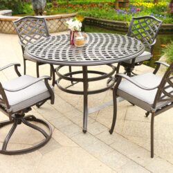 Round 4 Person 49" Long Aluminum Dining Set With Sunbrella Cushions With Swivel And Rocking Chairs - Brown Gray