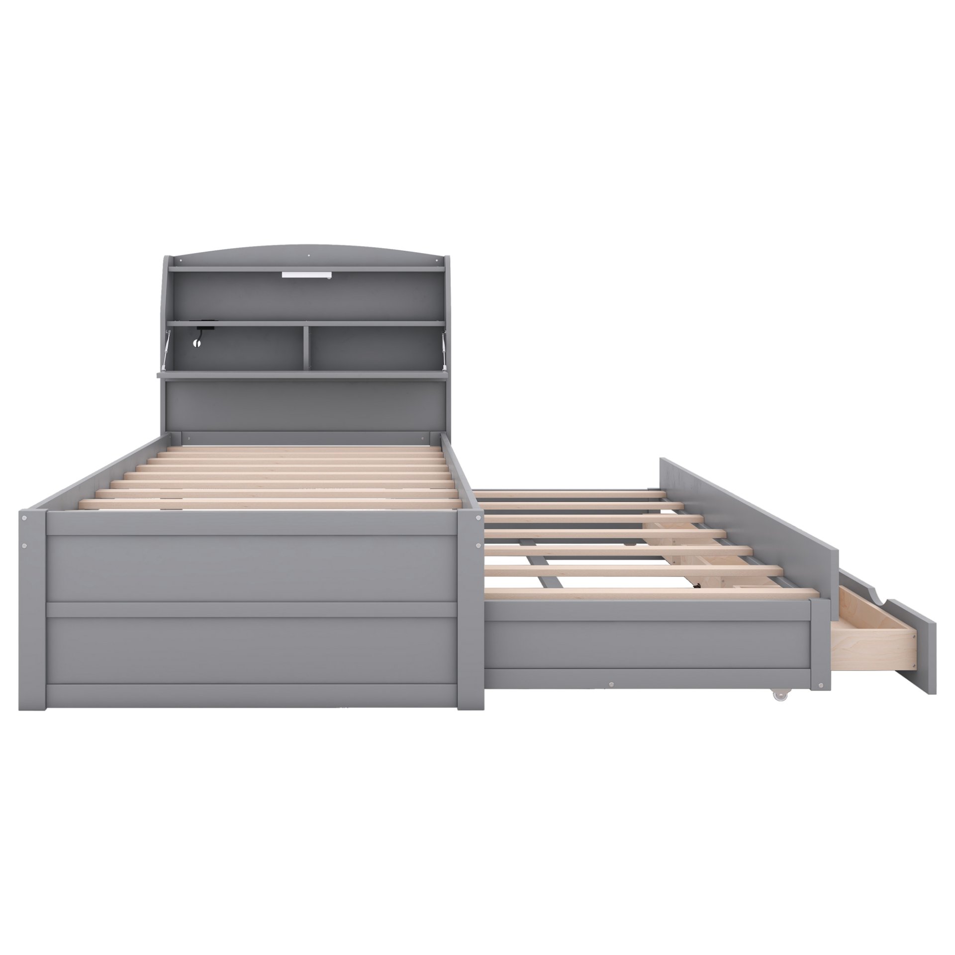 Twin Size LED Platform Bed With Trundle With Storage Headboard With Drawers - Gray - Image 6