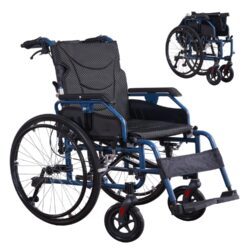 Premium Foldable Transport Wheelchair Frame Double Brakes Adjustable Armrests & Seat Belt Breathable Cushion Anti Backflip 300Lbs Capacity - Black / Blue