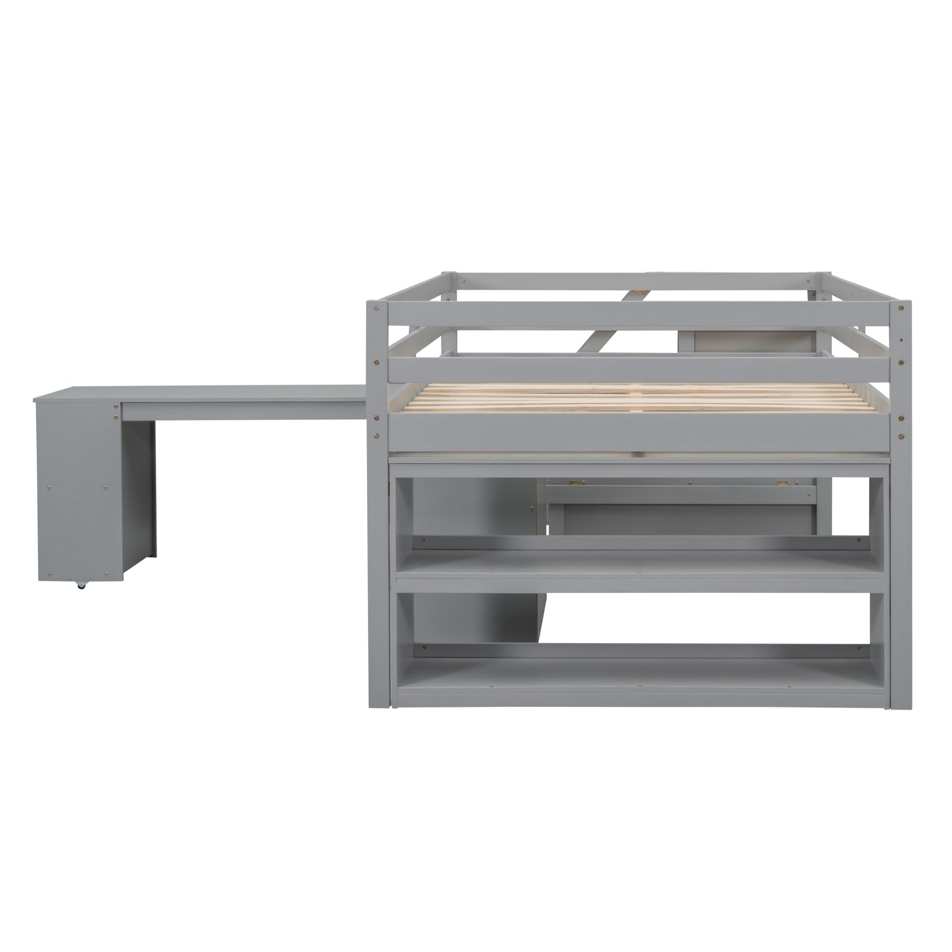 Full Size Loft Bed With Retractable Writing Desk And 3 Drawers With Storage Stairs And Shelves - Gray - Image 10