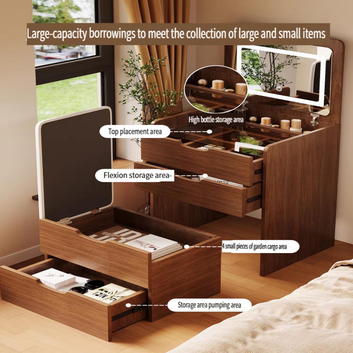 3 In 1 Vanity Desk With Flip Top Mirror, Compact Makeup Table With Glass Top And 3 Drawers For Bedroom - Walnut - Image 2
