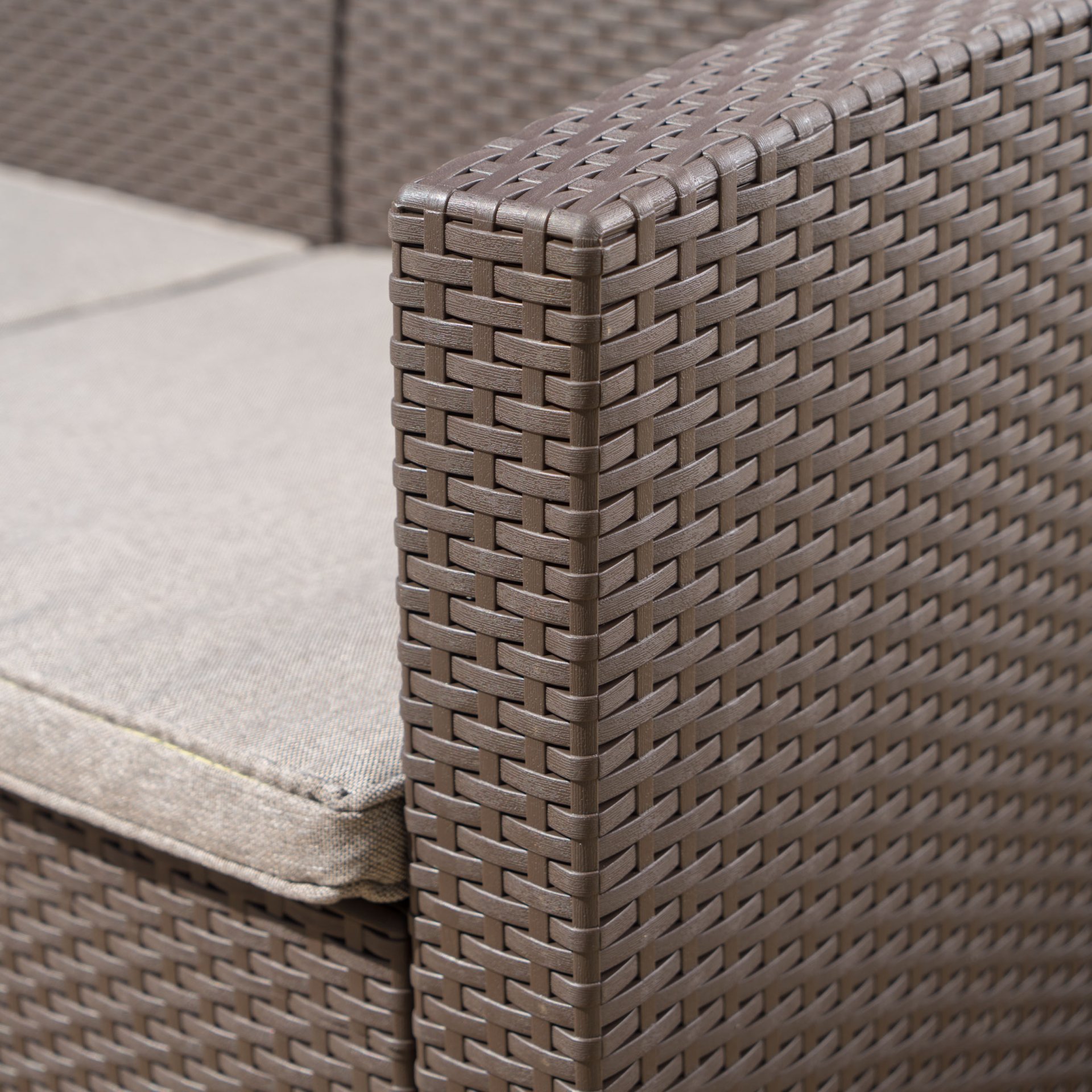 Outdoor 3 Seater Rattan Sofa With Water Resistant Cushions - Brown / Mix Beige - Image 8