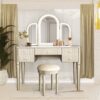 Mirrored Vanity With LED Light,Makeup Vanity Table Set - Champagne - Image 2