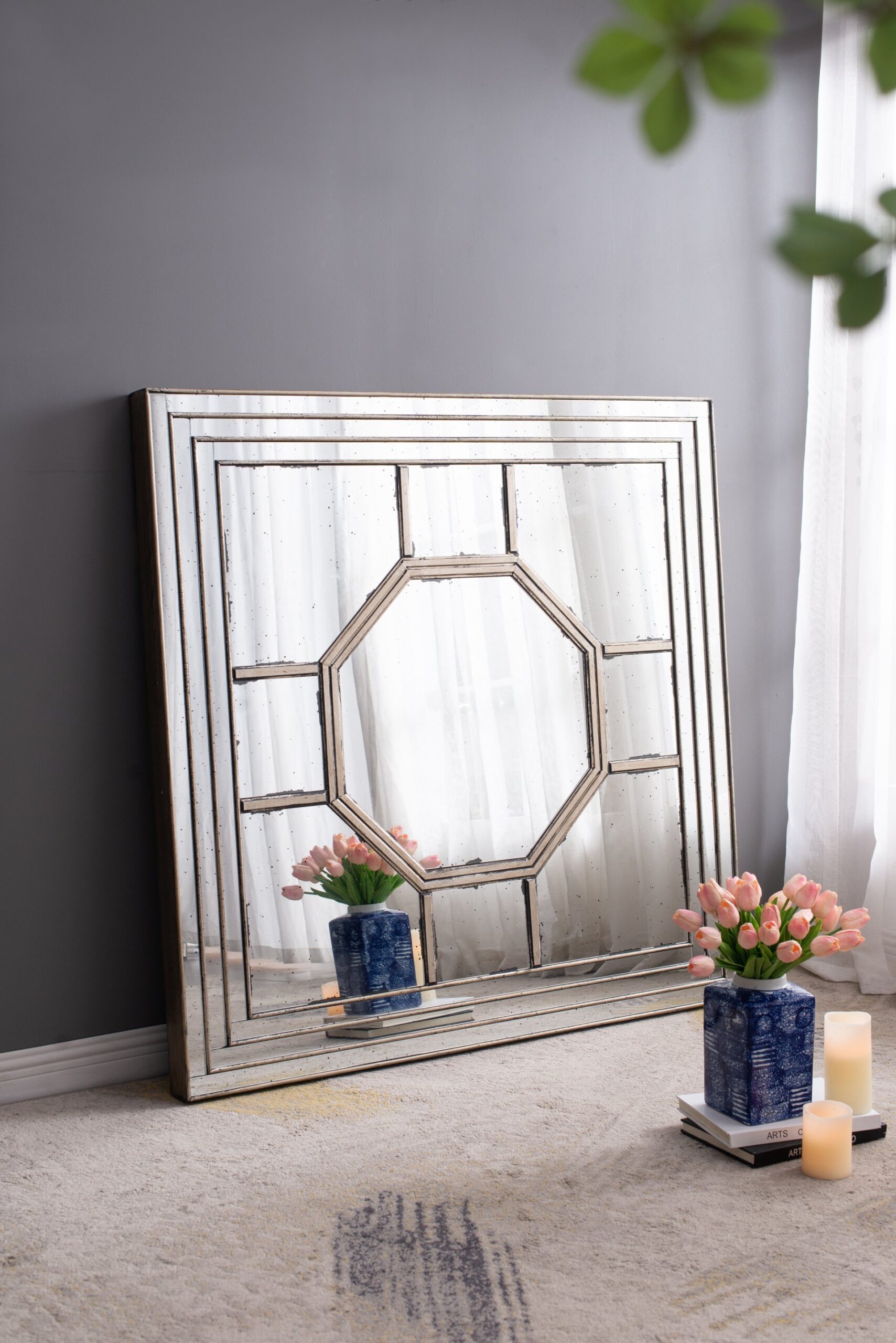 Antique Style Decorative Square Wall Mirror With Mirrored Frame, Wall Decor For Living Room Entryway, Console Lean Against Wall - Silver - Image 6