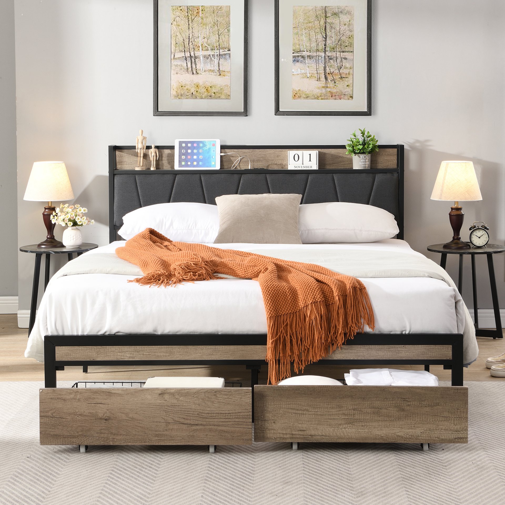 Modern Full Size Metal Platform Bed Frame With Upholstery Storage Headboard USB Liner & Footboard Drawers & - Black / Gray - Image 2