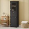 Tall Bathroom Storage Cabinet With Glass Doors, Free-Standing, Two Drawers, And Adjustable Shelves, MDF Board, Painted Perfect For Displaying Your Favorite Items - Black - Image 2