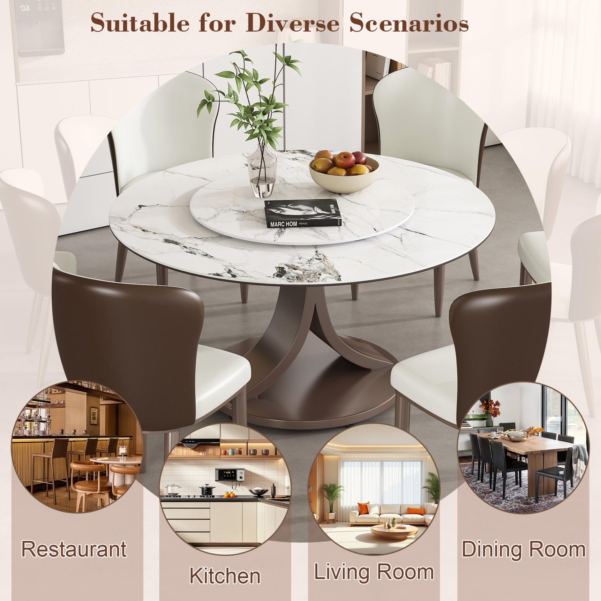 Round Dining Table With 360° Rotating Lazy Susan For Dining Room & Kitchen, 6 Chairs - White - Image 10