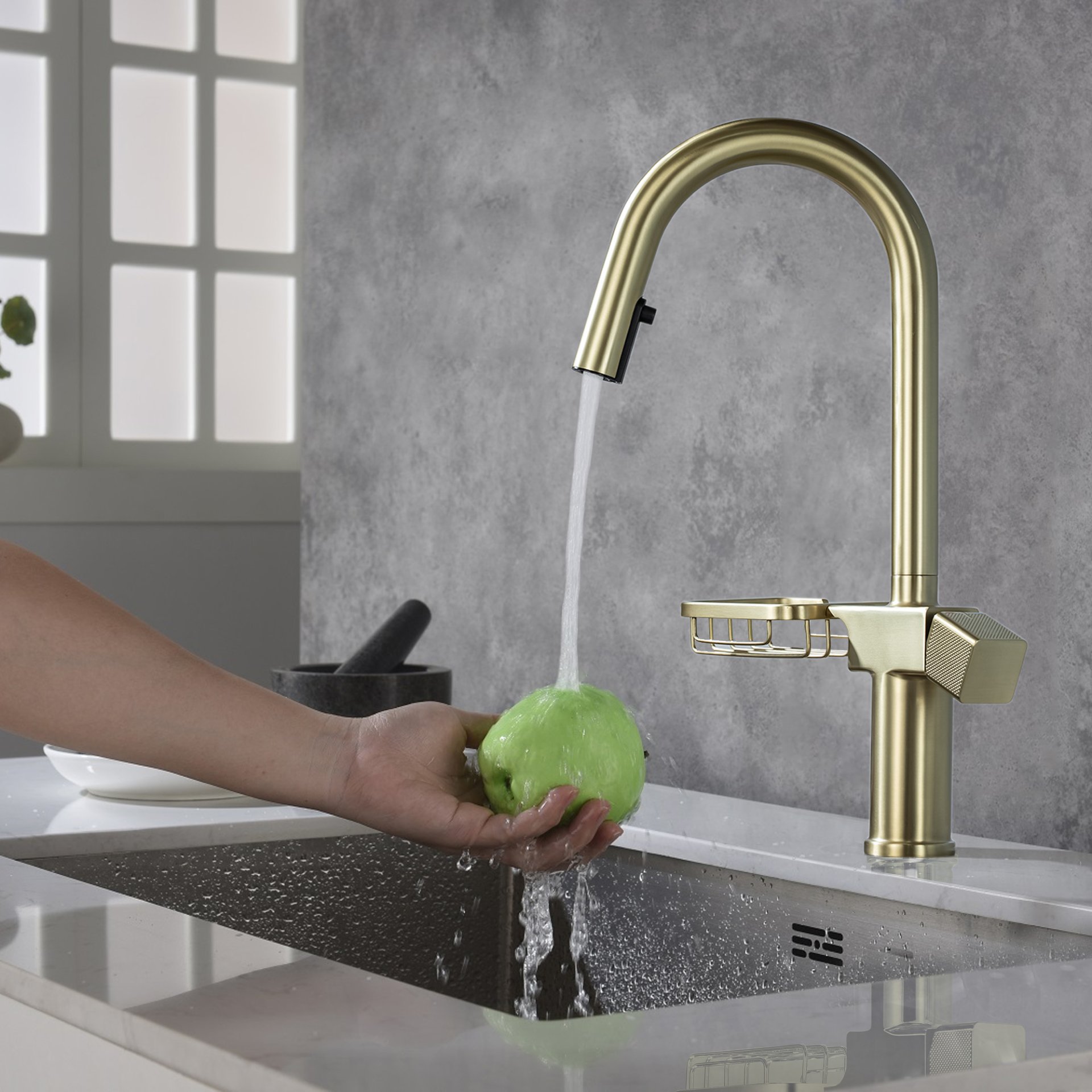 Cincosky - High Arc Pull Down Kitchen Faucet Single Hole Stainless Steel Sink Faucet - Brushed Gold - Image 2