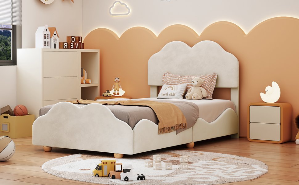 Twin Size Upholstered Platform Bed With Cloud Shaped Board - Beige - Image 10