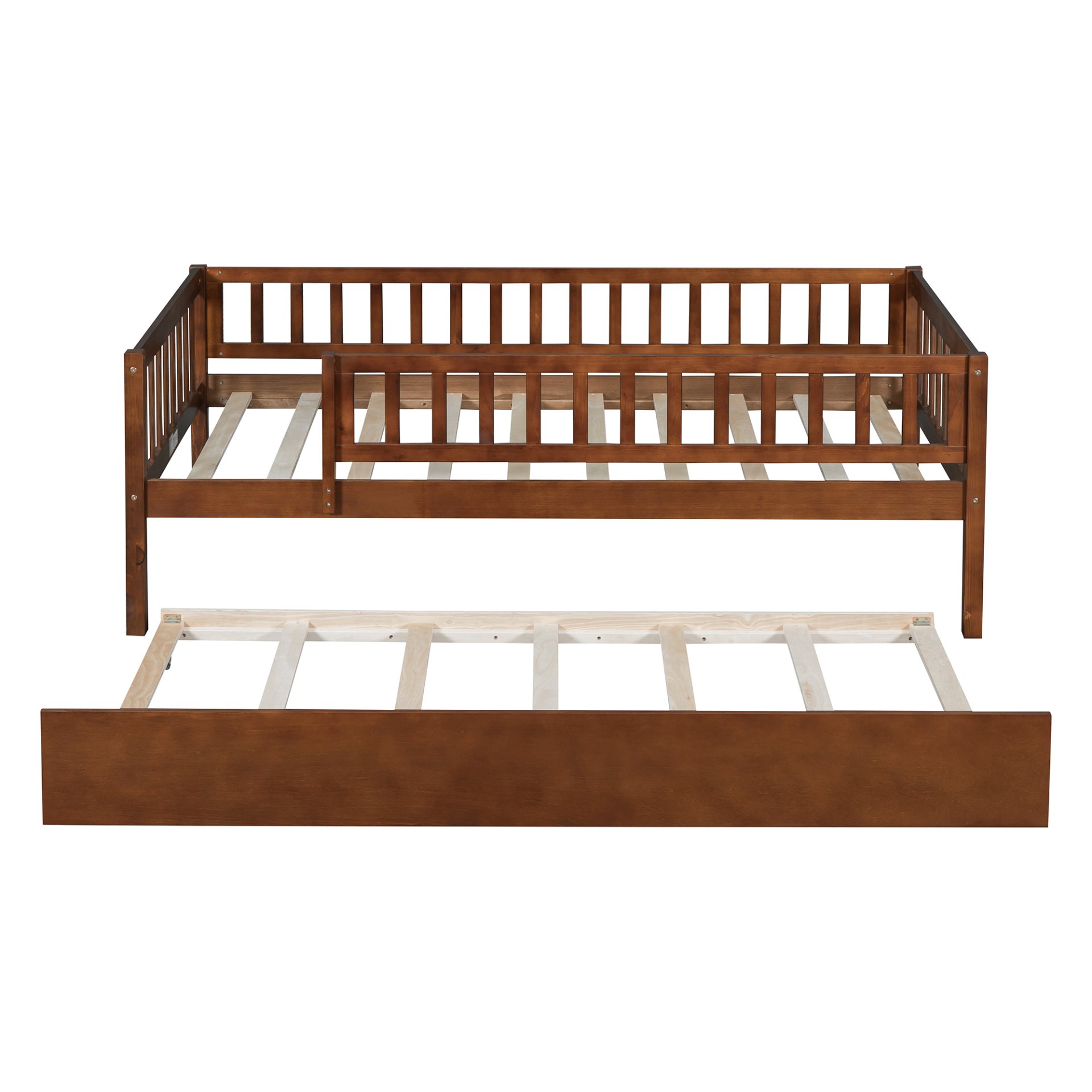 Twin Size Daybed With Trundle And Fence Guardrails - Walnut - Image 12