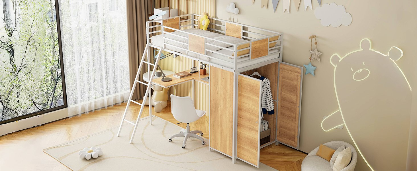 Twin Size Loft Bed With L Shape Desk And Wardrobe - White - Image 25