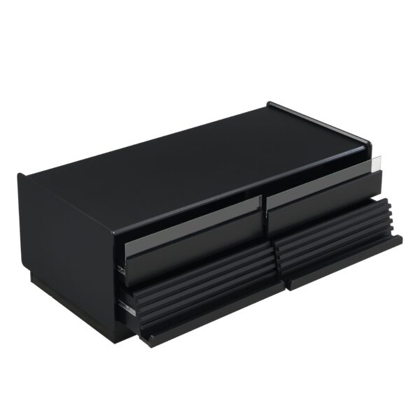 Modern Rectangle Coffee Table With 4 Drawers And 2 Display Shelves, Tempered Glass For Living Room - Black