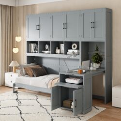 Twin Size Murphy Wall Bed With Closet, Drawers & Desk - Gray