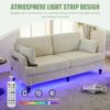 Modern Style Chenille 2 Seater Sofa With LED Light, USB Port, Storage Bag, Wood Legs - Beige - Image 9