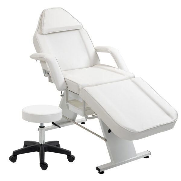 Massage Salon Tattoo Chair With Two Trays Esthetician Bed With Hydraulic Stool, Multi-Purpose 3-Section Facial Bed Table, Adjustable Beauty Barber Spa Beauty Equipment - White
