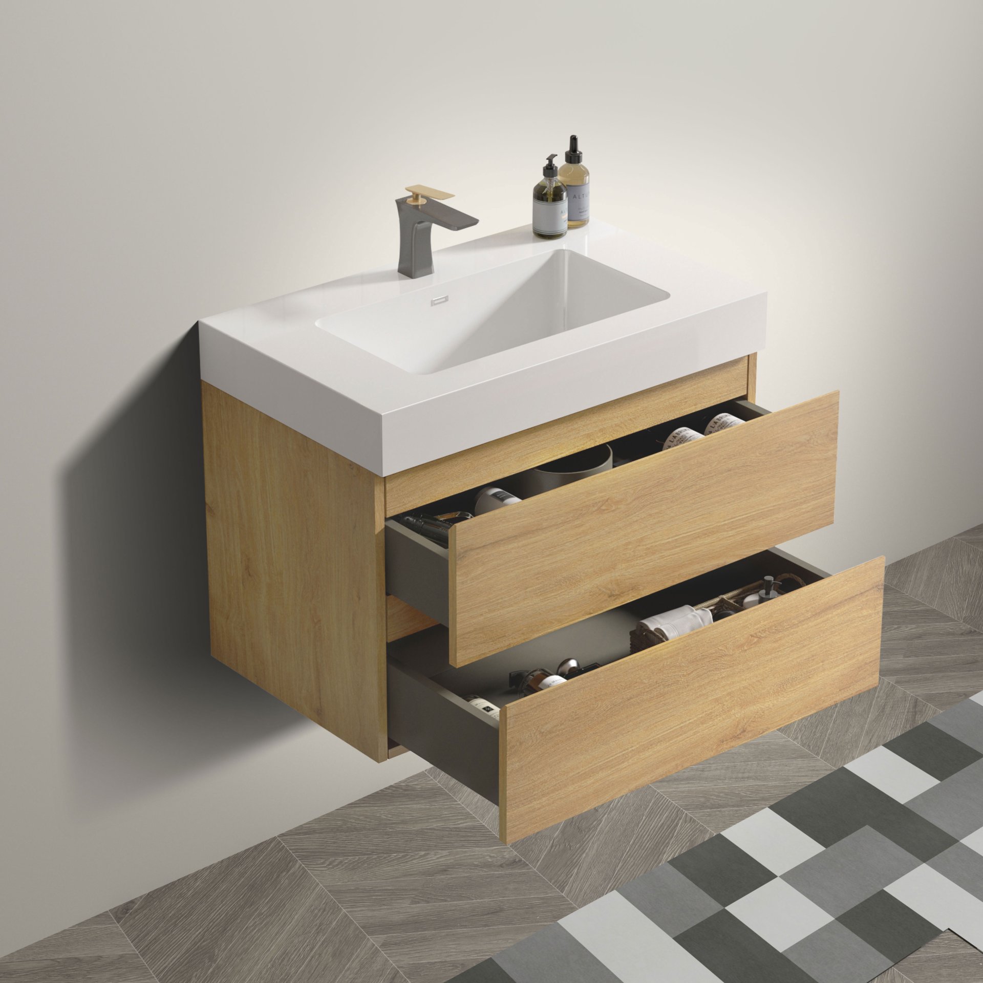 Alice - U041-Alice30-106 Bathroom Vanity With Sink, Large Storage Wall Mounted Floating Bathroom Vanity For Modern Bathroom - Oak / White - Image 3