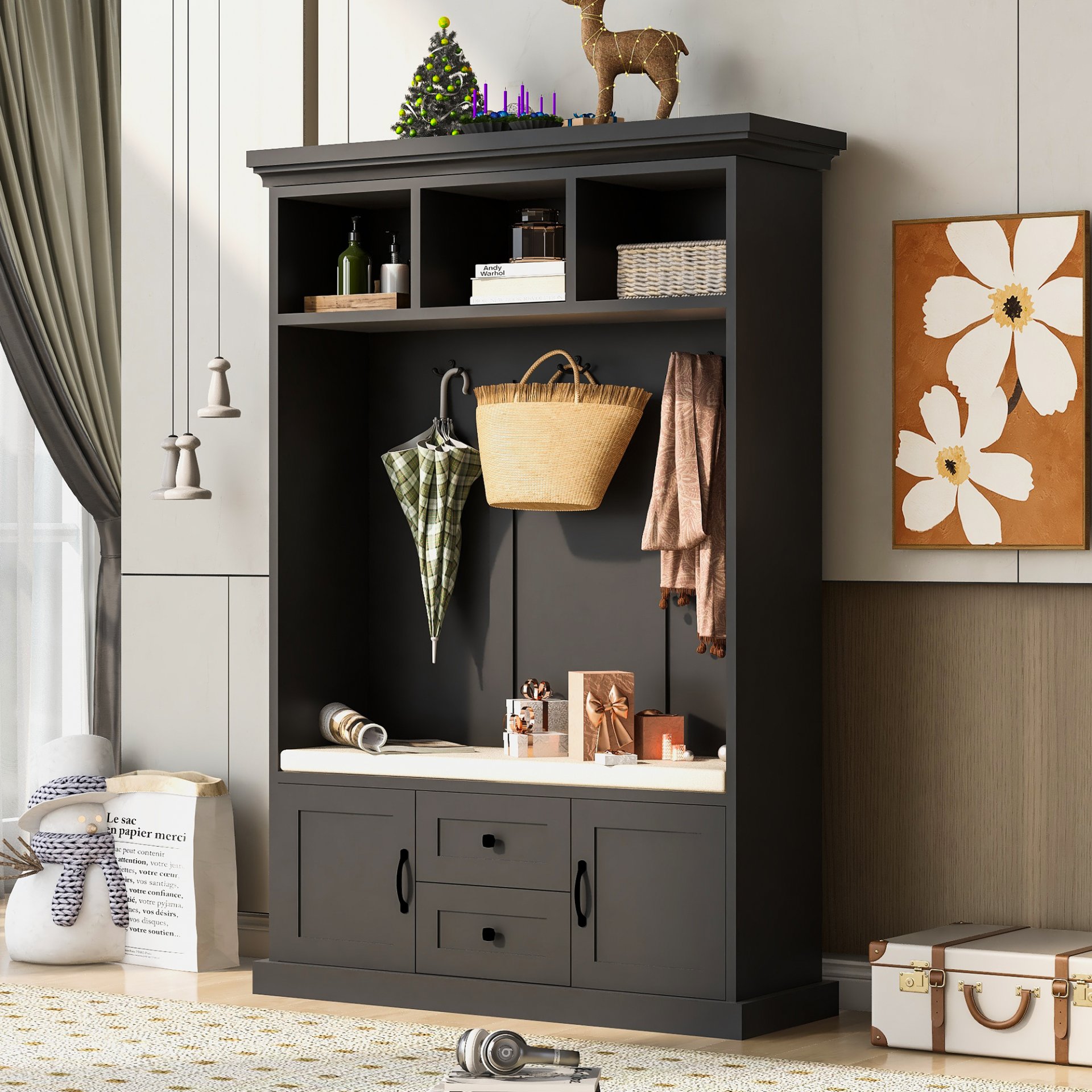 Hall Tree With 3 Hooks, Coat Hanger, Entryway Bench, Storage Bench, 3 In 1 Design, For Entrance, Hallway - Black - Image 3