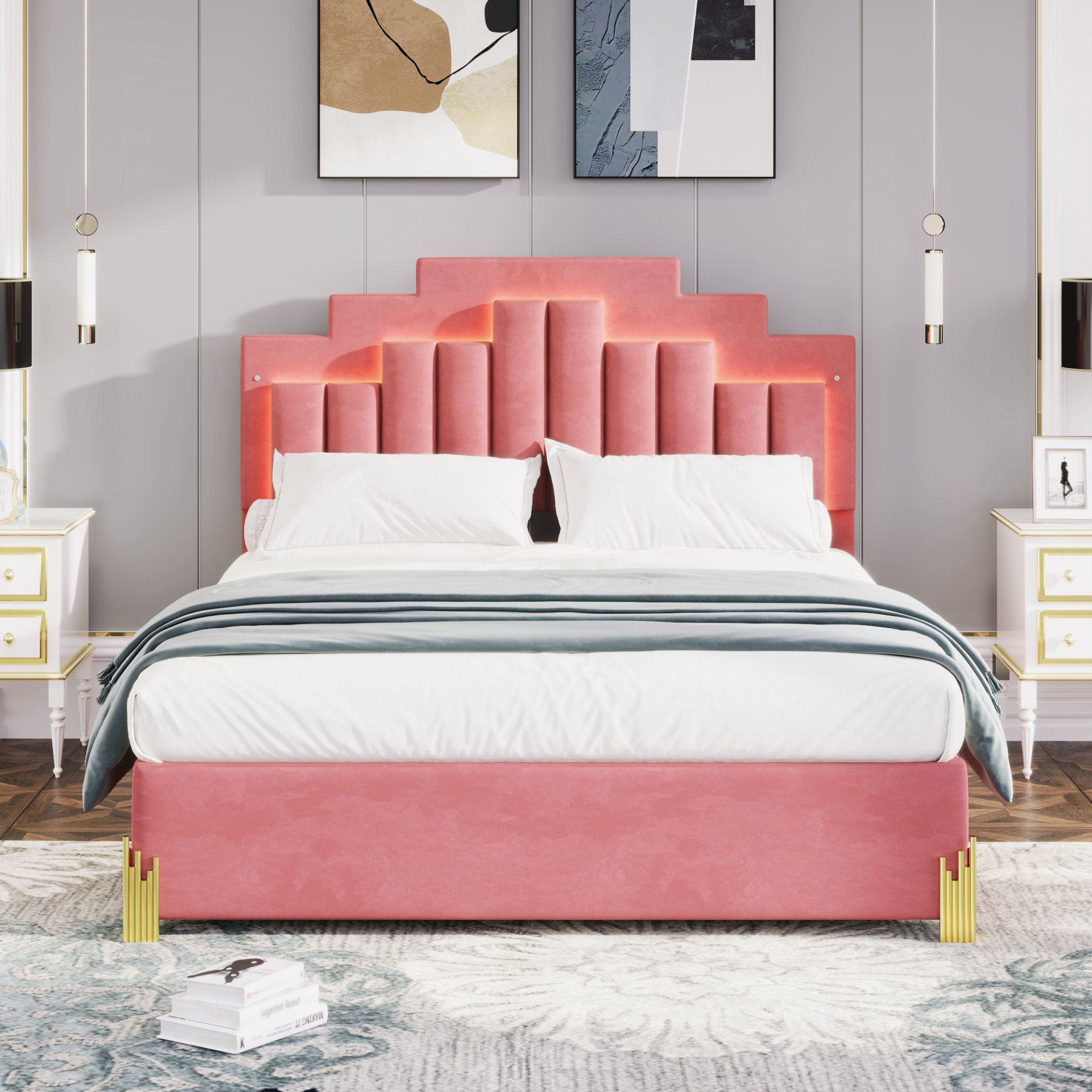 Queen Size Upholstered Platform Bed With LED Lights And 4 Drawers, Stylish Irregular Metal Bed Legs Design - Pink - Image 2