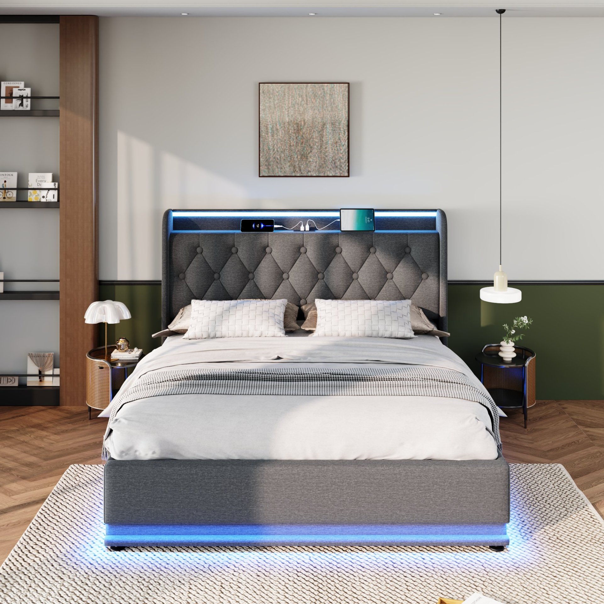 Full Size Upholstered Bed, 360 Surround LED Function, Buttons / Apps / Remote Control, Hydraulic Storage Bed With USB Type-C Charging (Without Mattress) - Gray - Image 12