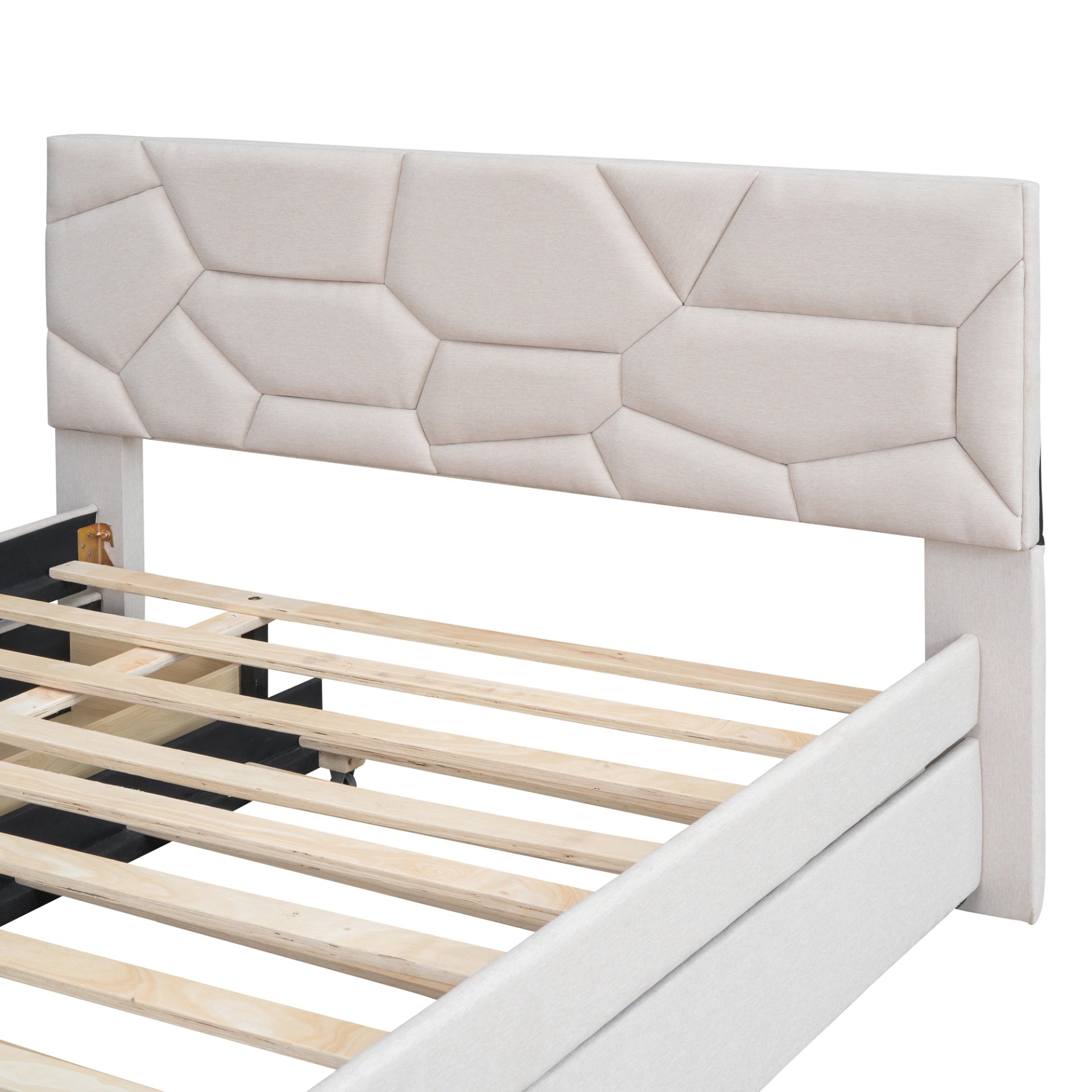 Full Size Upholstered Platform Bed With Brick Pattern Headboard, With Twin Size Trundle And 2 Drawers - Beige - Image 10
