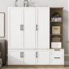 3 Door Storage Wardrobe For Dedroom With Shelves And 2 Drawers, Side Storage Shelves - White - Image 11
