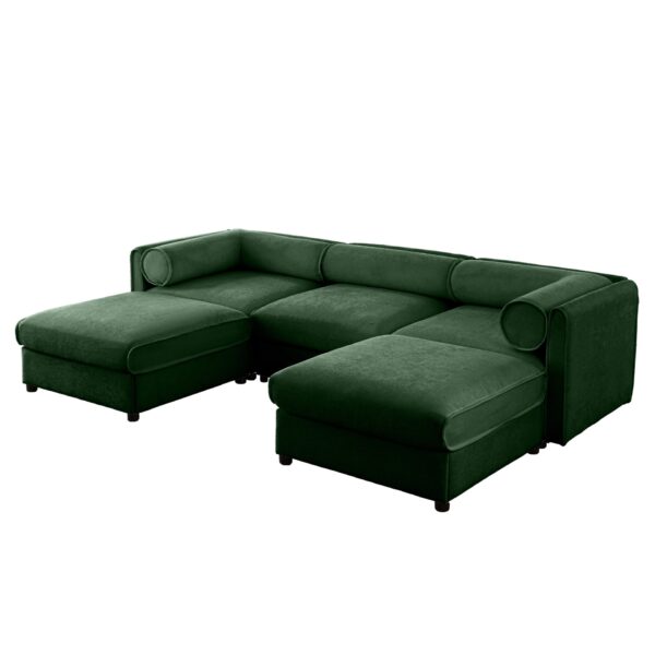 Elegant Chenille Sofa With Storage Seat And Ottoman U Shaped 3 Seater Cylindrical Backrest And Armrests - Green