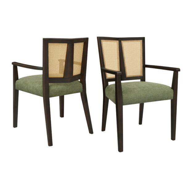 Mid Century Modern Arm Dining Chair (Set of 2) With Rattan Backrest - Dark Brown / Green