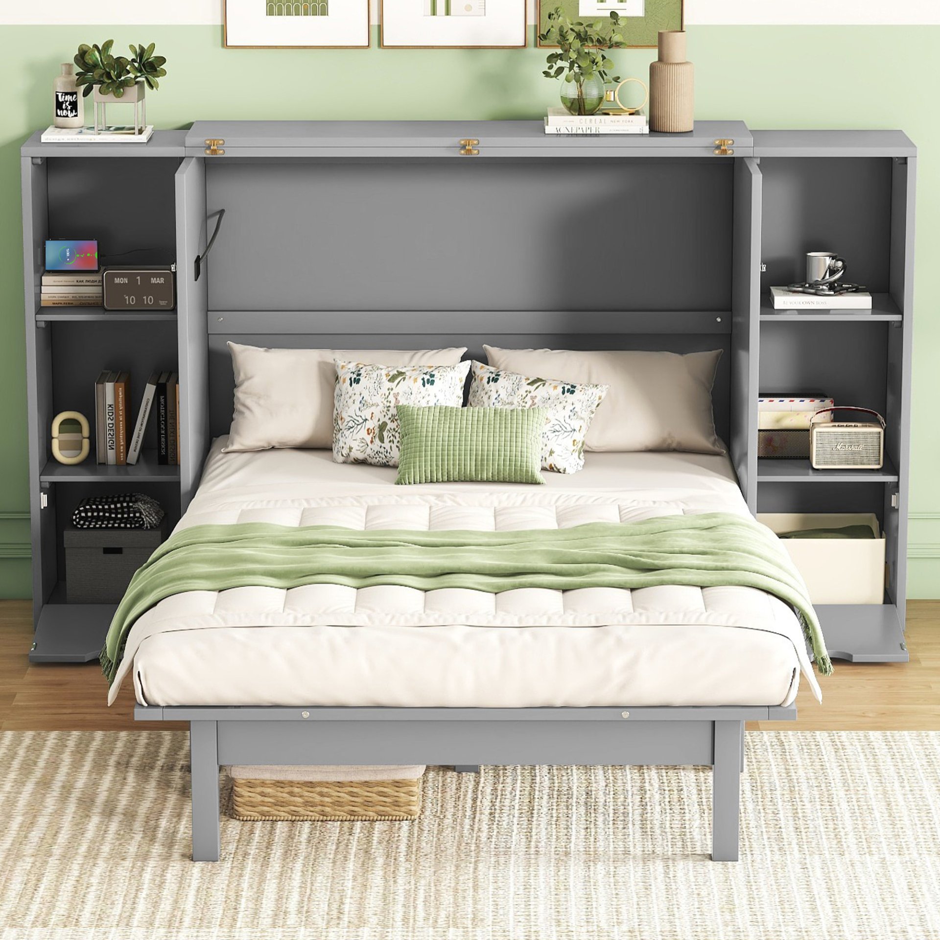 Queen Size Murphy Bed With Shelves, Drawers And USB Ports - Gray - Image 2