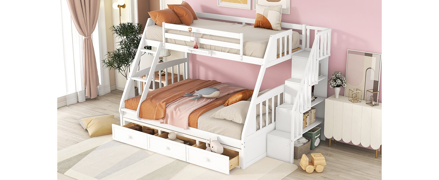 Twin Over Full Bunk Bed With Drawers, Ladder And Storage Staircase - White - Image 16