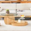 Modern Light Grain Double Layer Coffee Table Versatile Design, And Reinforced Glass, Oval Countertop - Transparent / Wood - Image 4