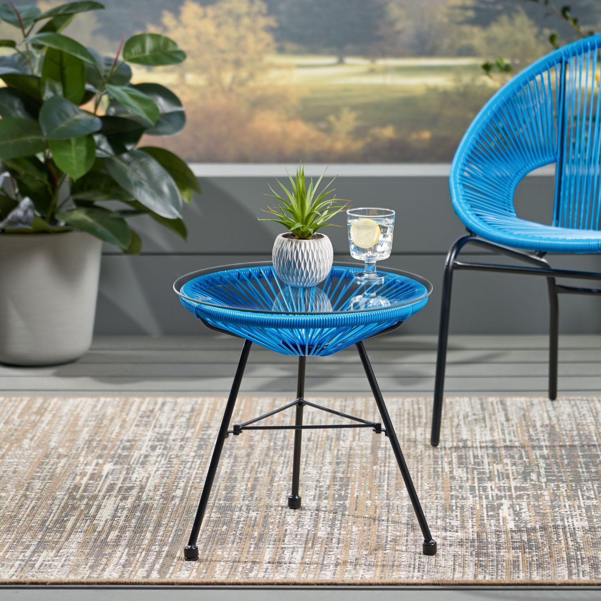 Nusa - Modern Rattan Side Table With Tempered Glass Top - Blue - Image 5
