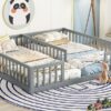 Double Twin Floor Bed With Fence, Guardrails, Without Door - Gray - Image 10