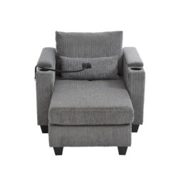 Convertible Chaise Lounge Sofa Chair Corduroy Sleeper With USB Ports, Cup Holders, Storage - Gray