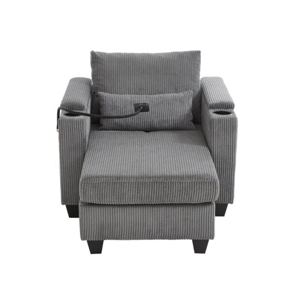Convertible Chaise Lounge Sofa Chair Corduroy Sleeper With USB Ports, Cup Holders, Storage - Gray