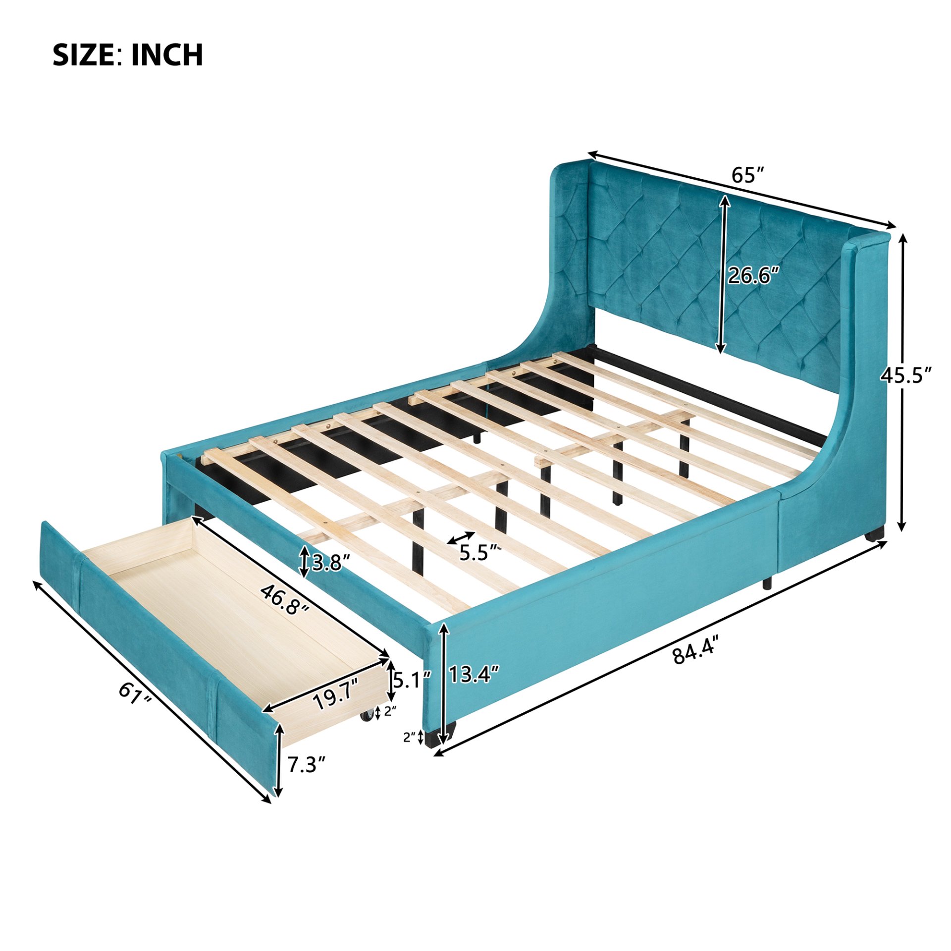Queen Size Storage Upholstered Platform Bed With Wingback Headboard And A Big Drawer - Blue - Image 7
