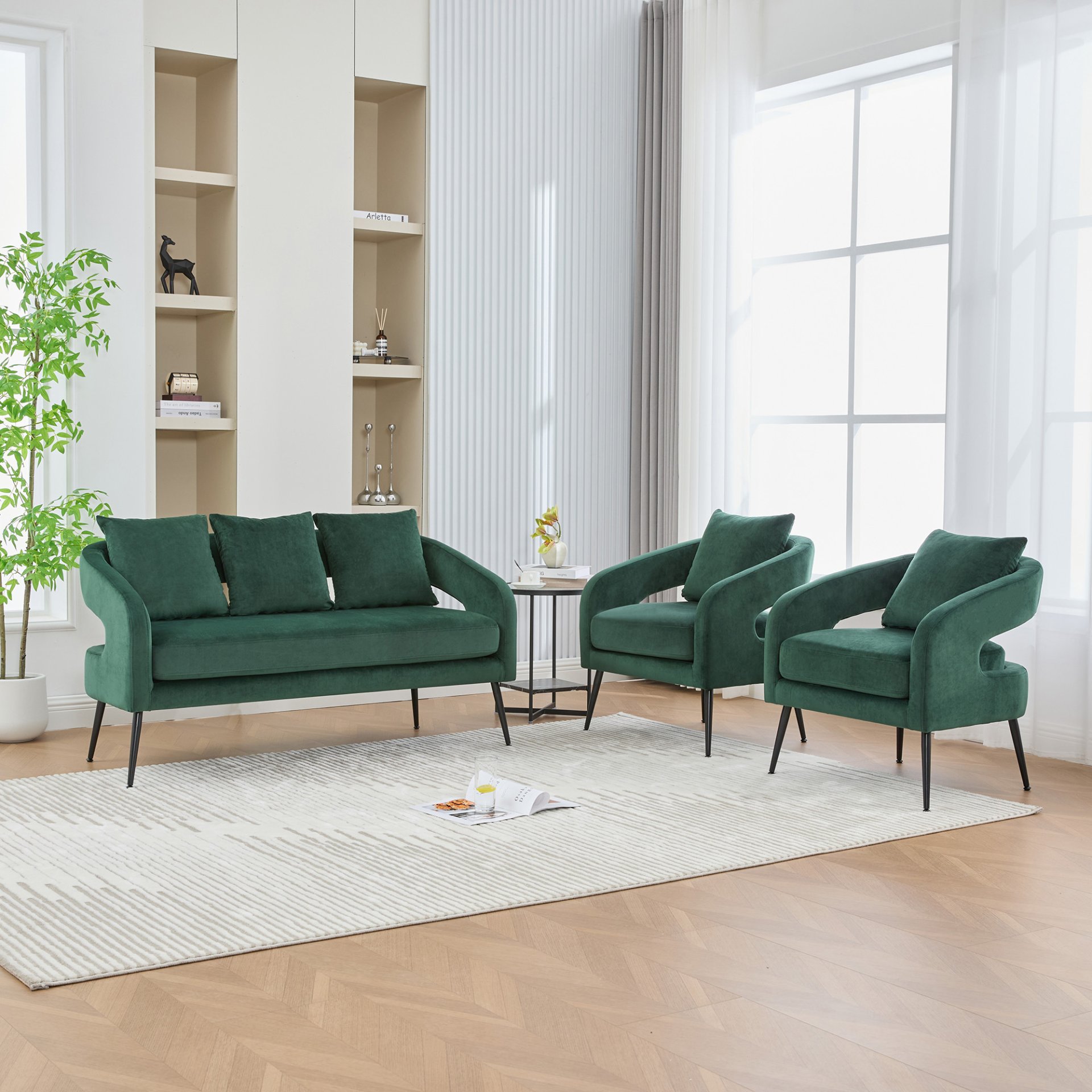 3 Piece Upholstered Sofa Set, Loveseat & 2 Accent Chairs For Small Living Spaces - Green - Image 2