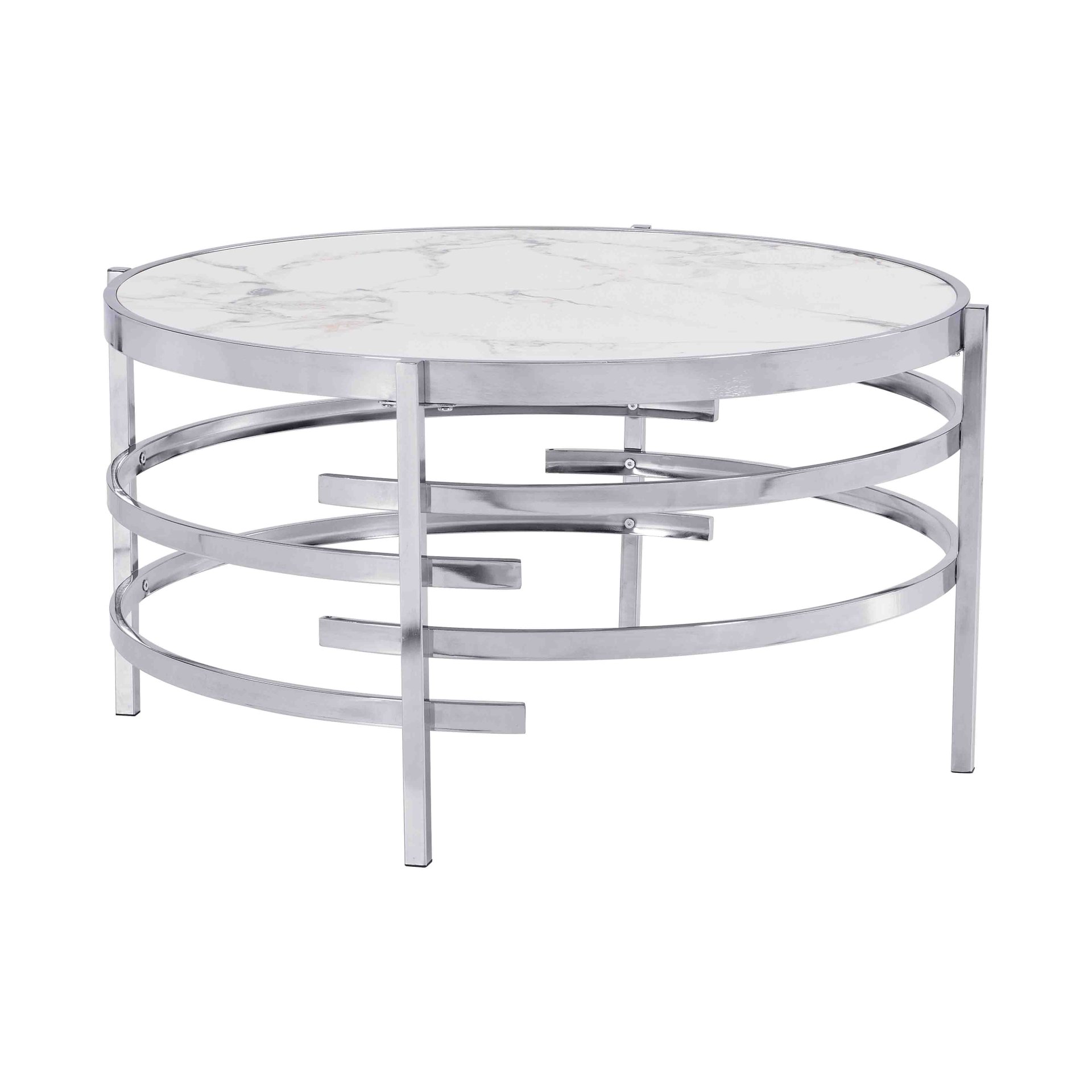 32.48'' Chrome Round Coffee Table With Sintered Stone Top & Sturdy Metal Frame, Modern Coffee Table For Living Room - Silver - Image 7