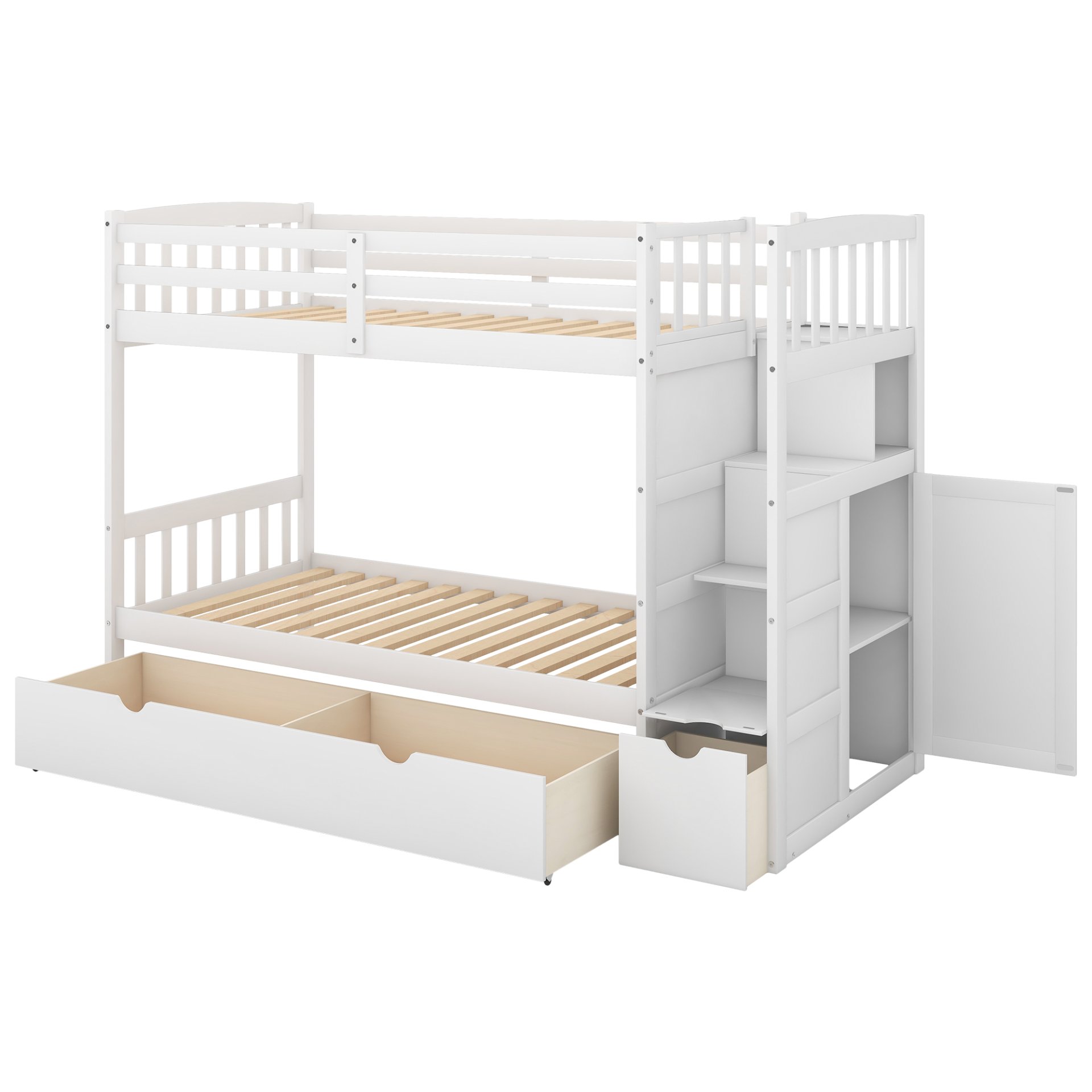 Twin Over Full / Twin Bunk Bed, Convertible Bottom Bed, Storage Shelves And Drawers - White - Image 6