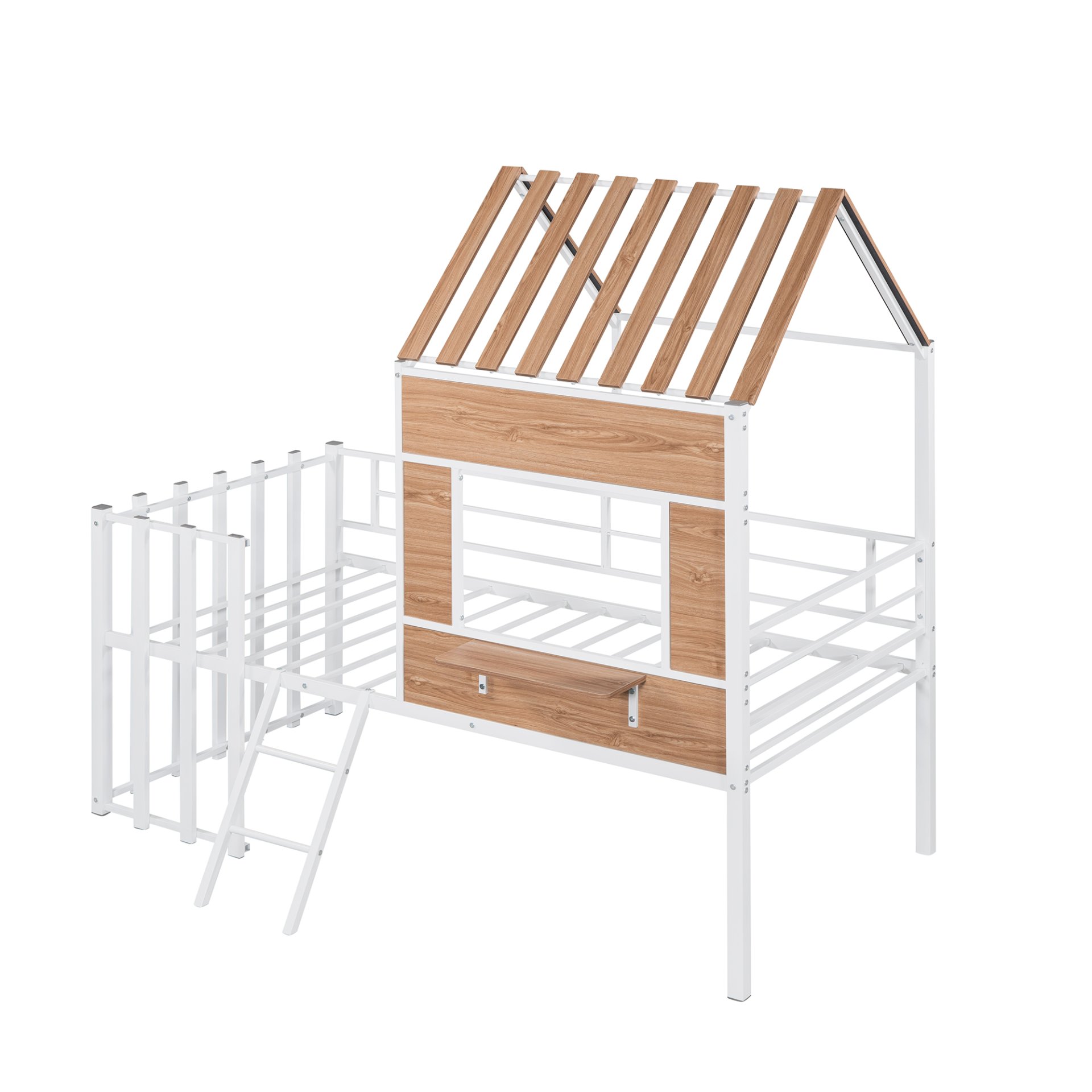 Twin Size Loft Bed With Roof, Window, Guardrail, Ladder - White - Image 6