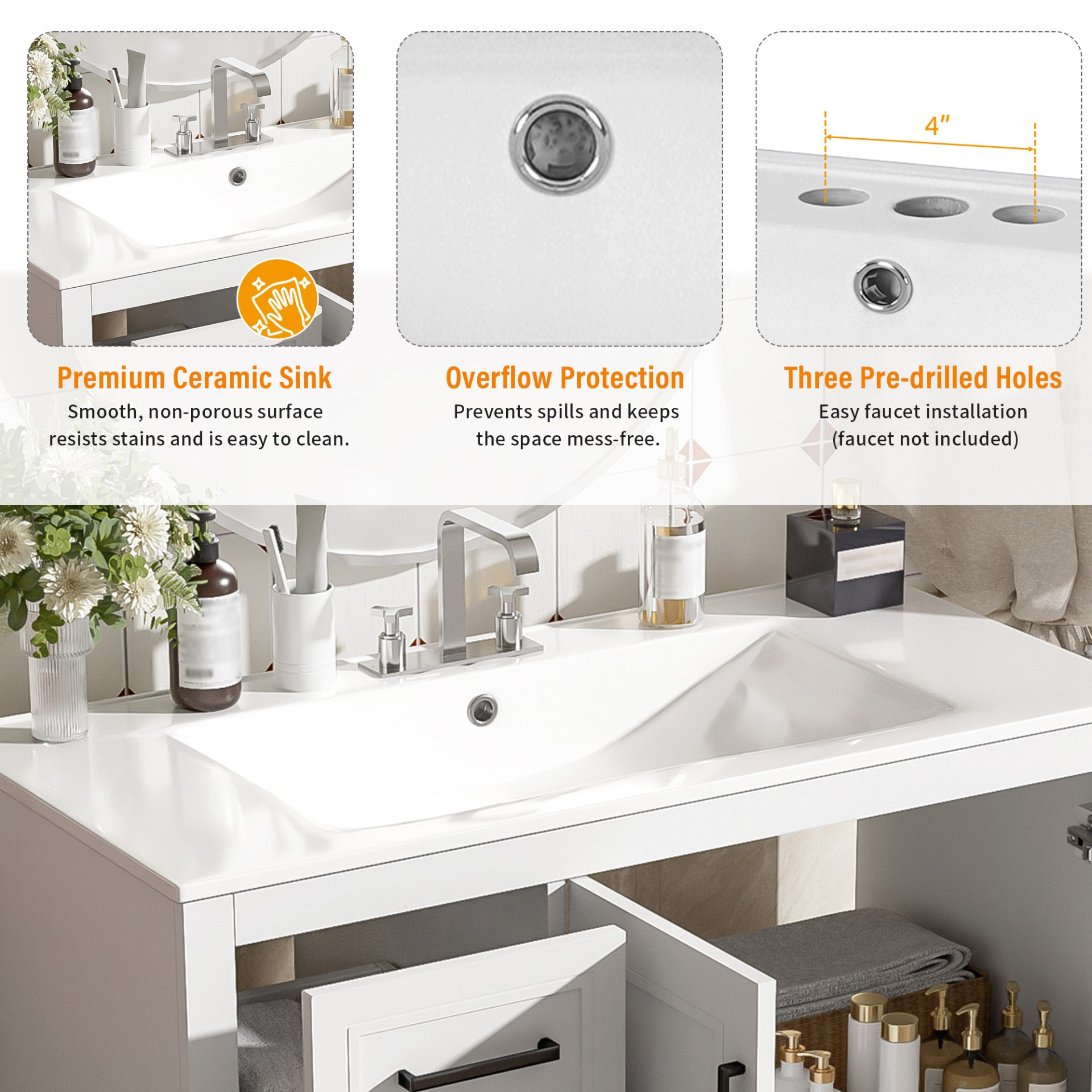 36" Bathroom Vanity With Sink, Soft Close Doors, Adjustable Shelf & 3 Drawers - White - Image 8