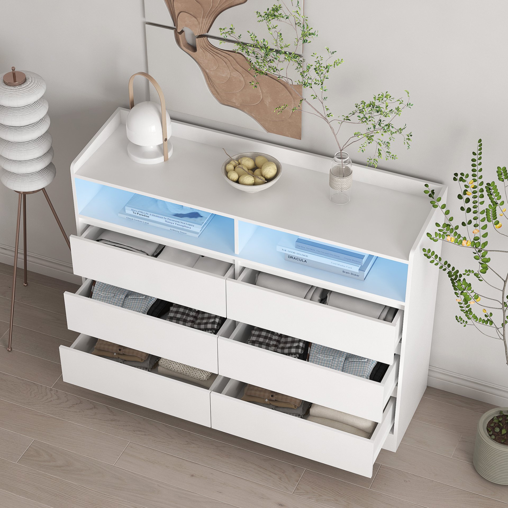 6 Drawer Dresser For Bedroom With LED Lights, Sturdy Frame - White - Image 6