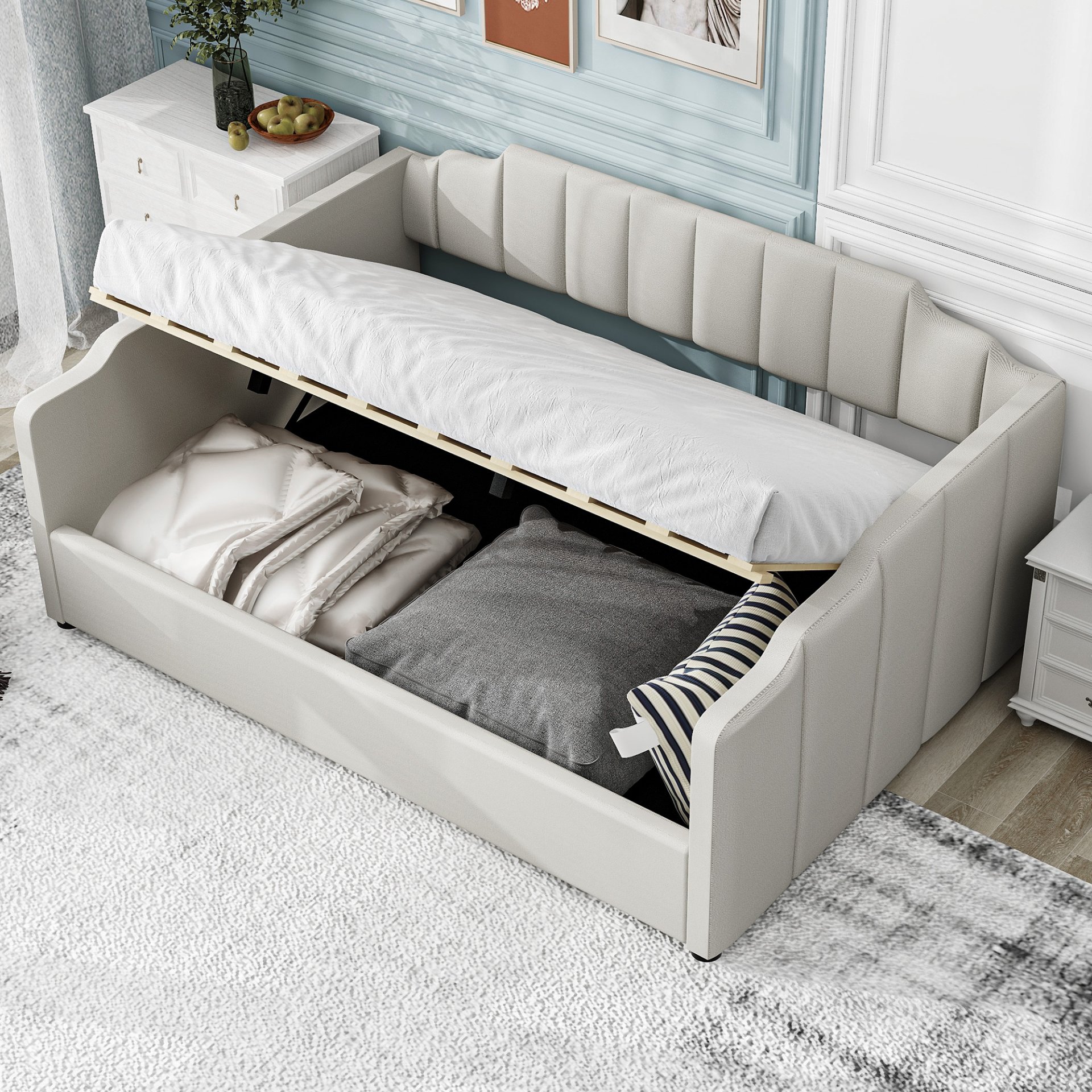 Full Upholstered Daybed With Underneath Storage - Beige - Image 2