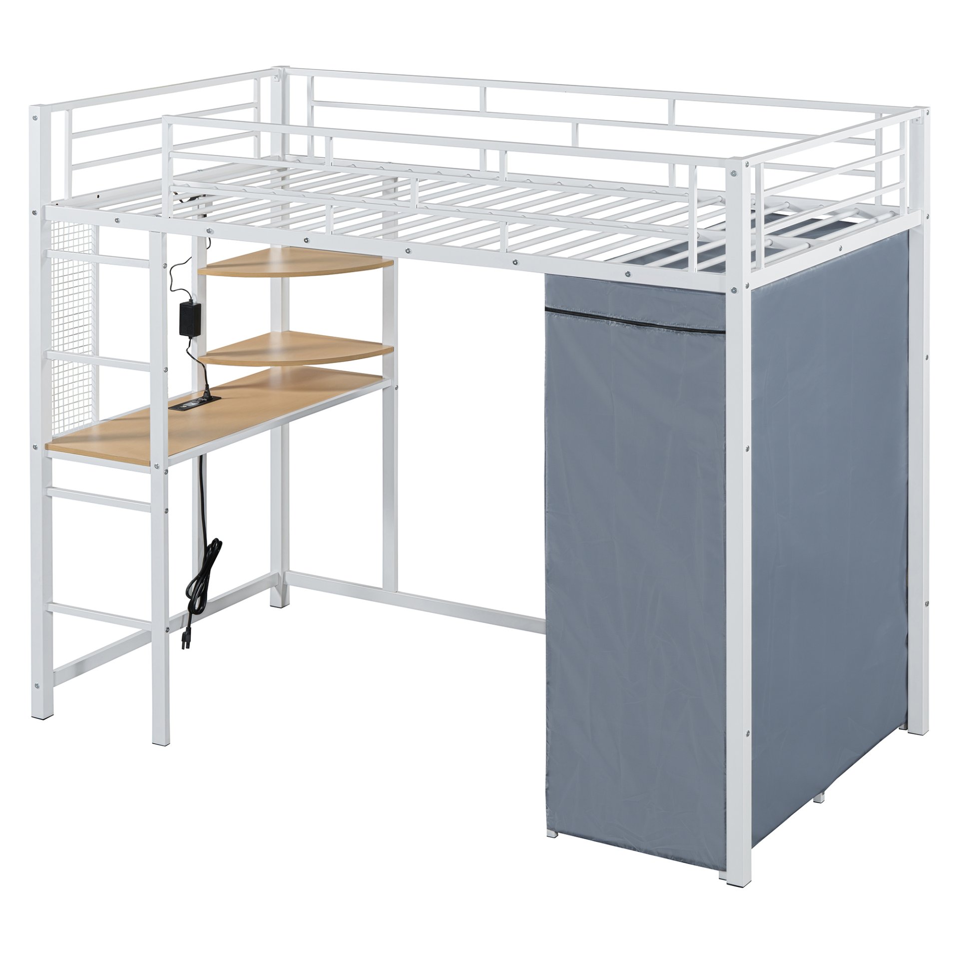 Twin Size Loft Bed With Desk, Shelves, Power Outlet, LED Light And Wardrobe - White - Image 9