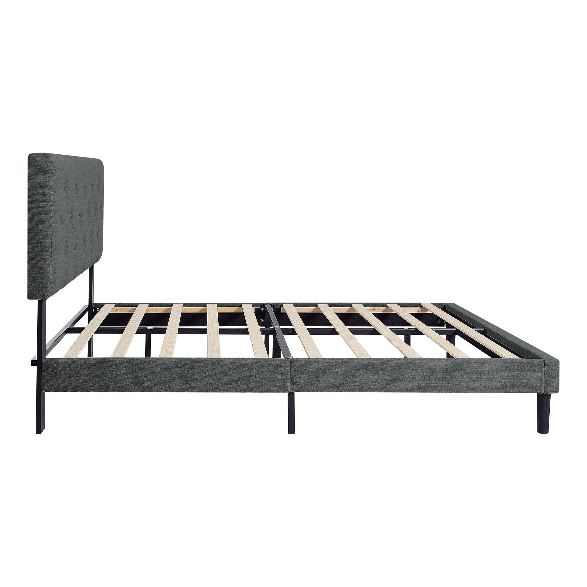 Queen Size Upholstered Platform Bed Frame With Modern Button Tufted Linen Fabric Headboard, Wood Slat Support - Dark Gray - Image 4