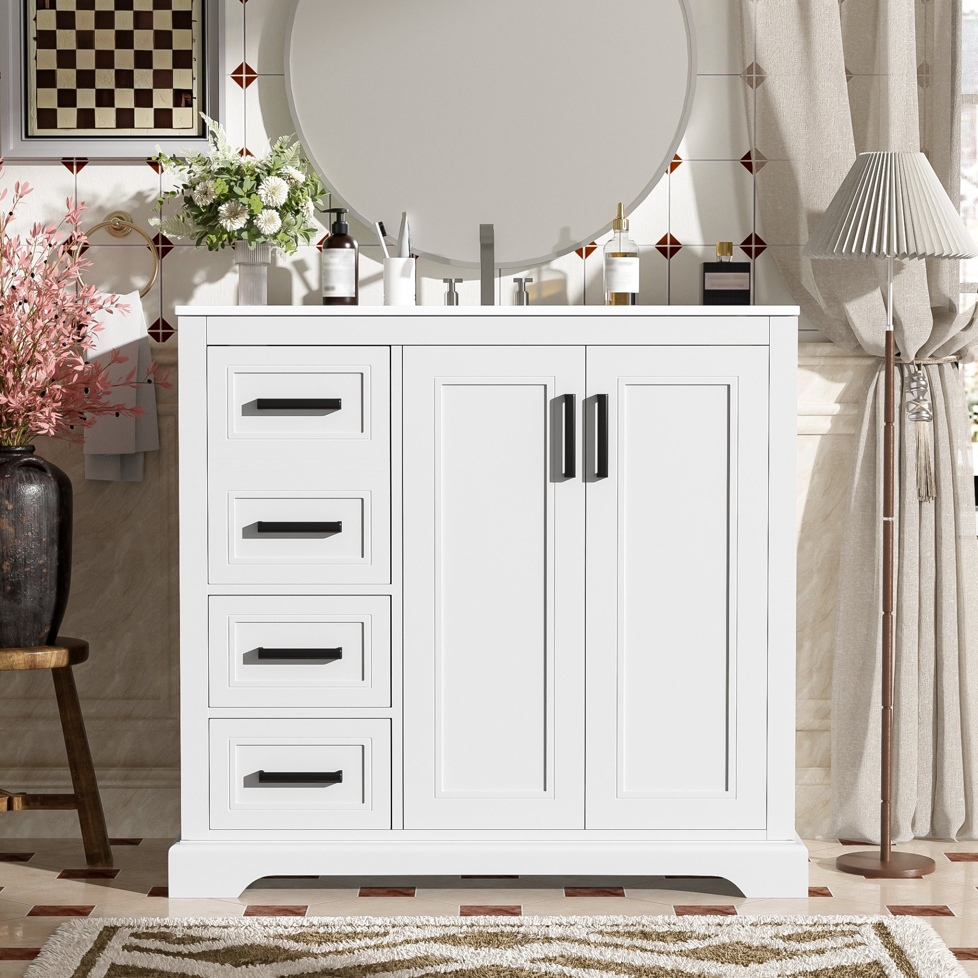 36" Bathroom Vanity With Sink, Soft Close Doors, Adjustable Shelf & 3 Drawers - White - Image 2